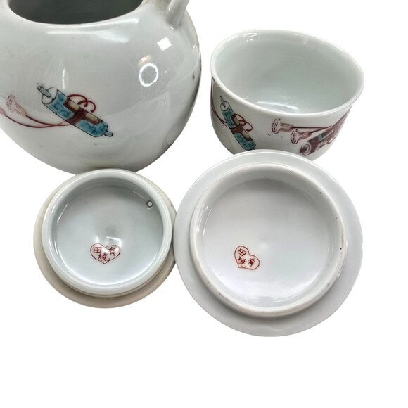 Vintage Chinese Porcelain Teapot & Lidded Bowl Set Bird Motif Wooden Box JE257 - Picture 6 of 10